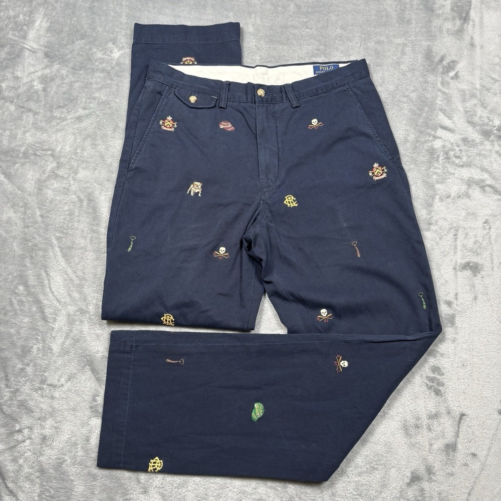 Polo Ralph Lauren Varsity Bulldog Skull Crest Classic Fit Flat Front Pants 32x32